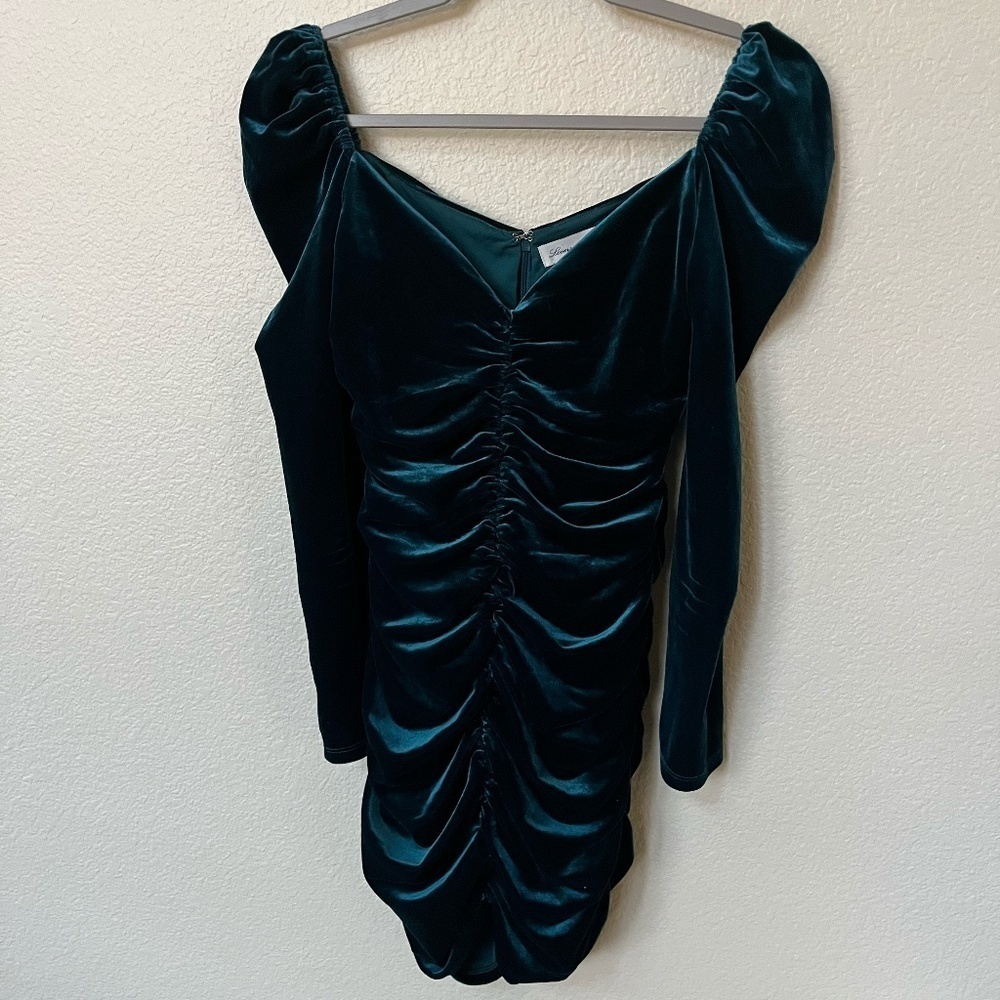 LOVERS + FRIENDS | Andie Ruched Velvet Fabric Mini Dress in Deep Teal | Size S - Picture 3 of 11